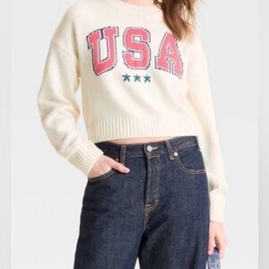 Grayson Threads Cropped USA Red Blue Graphic Cream Cable Knit Sweater Large